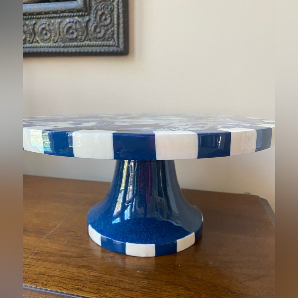 Annie Modica Decoupage Hand Painted “Imari” Blue White Pedestal Cake Sta…